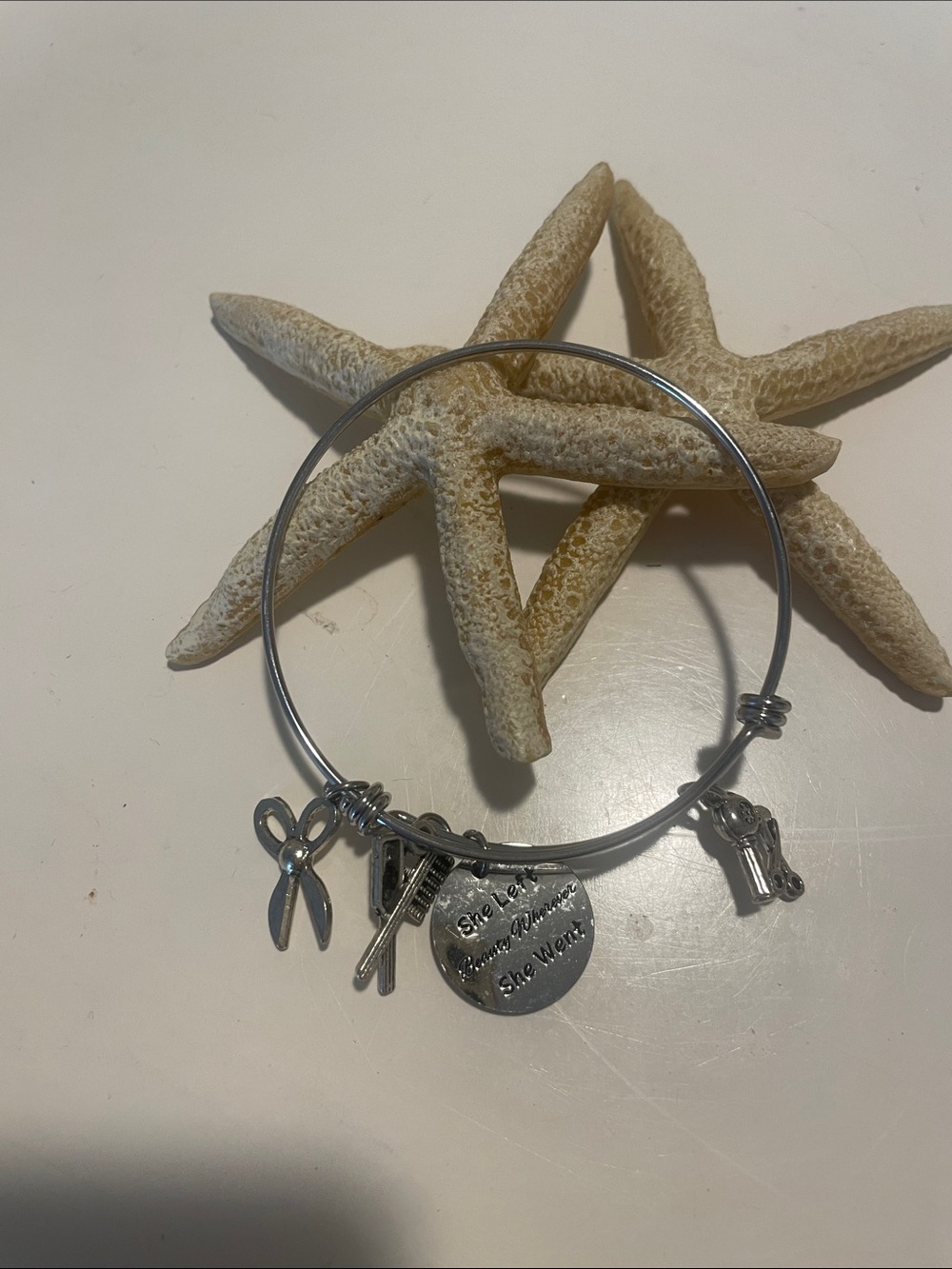 Silver Tone Charm Bangle Bracelet with Scissors & Tools Charms